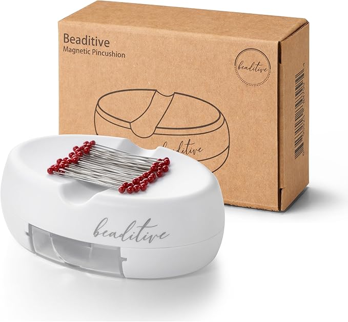 Beaditive Magnetic Pin Cushion with Drawer - Strong Magnet Pin Holder Cushions for Sewing - 50 Glass Head Quilting Pins Included - Chic Pincushion Caddy for Sewing Pins, Paper Clips, Screws – White