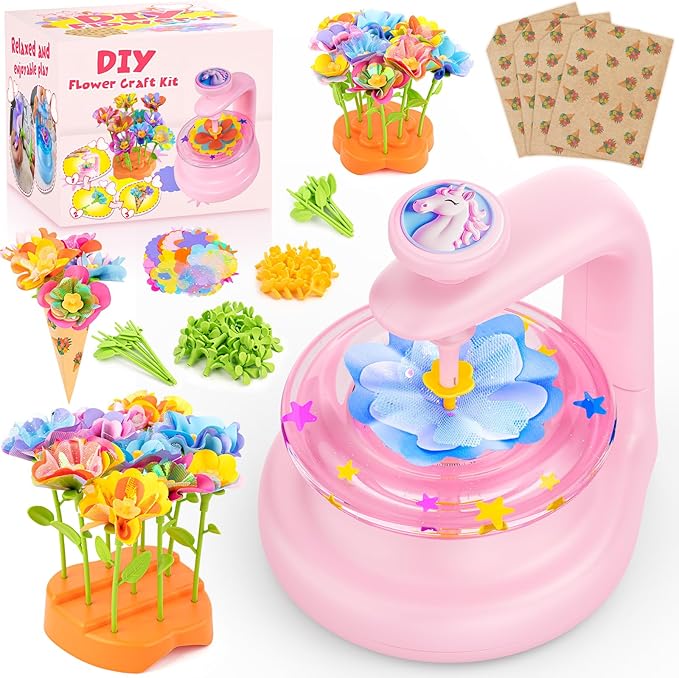 cosone Crafts Kits for Kids Ages 4-8, DIY Fabric Flower Bouquet Kit for 5 6 7 8 Year Girls Unicorn Flower Press Toys Educational Toy Preschool Birthday Gifts for Girls Handmade Activity Set - Pink