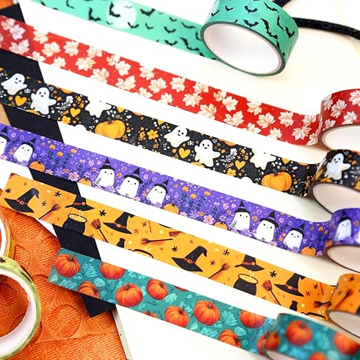 Halloween Washi Tape Set 16 Rolls, Fall & Spooky Decorative Tape, Autumn Washi Tape for Journaling, Crafts, Pumpkin Decor (0.6" x10 ft) - Autumn Leaves, Bats, Pumpkins, Vintage Horror