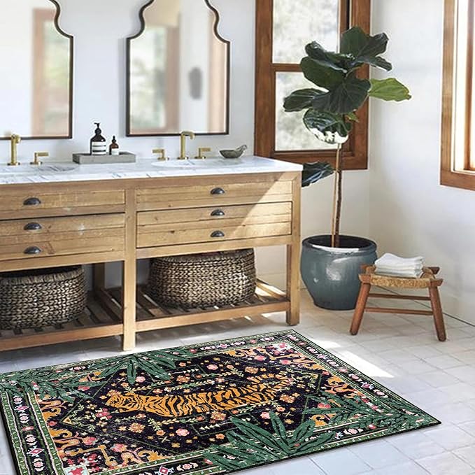 Oriental Tropical Entryway Rugs Washable, Thin Black Boho Vintage Distressed Hippie 2x3 Throw Rugs for Bathroom Kitchen Indoor Doormat Non-Slip Abstract Botanical Tribal Indian Accent Carpet