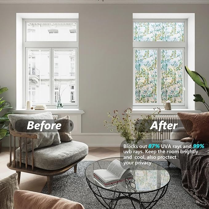 Finnez Window Privacy Film 3D Static Cling Window Film, No Glue Heat Control & 96% UV Blocking for Home Office, Decorative Frosted Glass Cover 45.2 Inch x 13.1 Feet