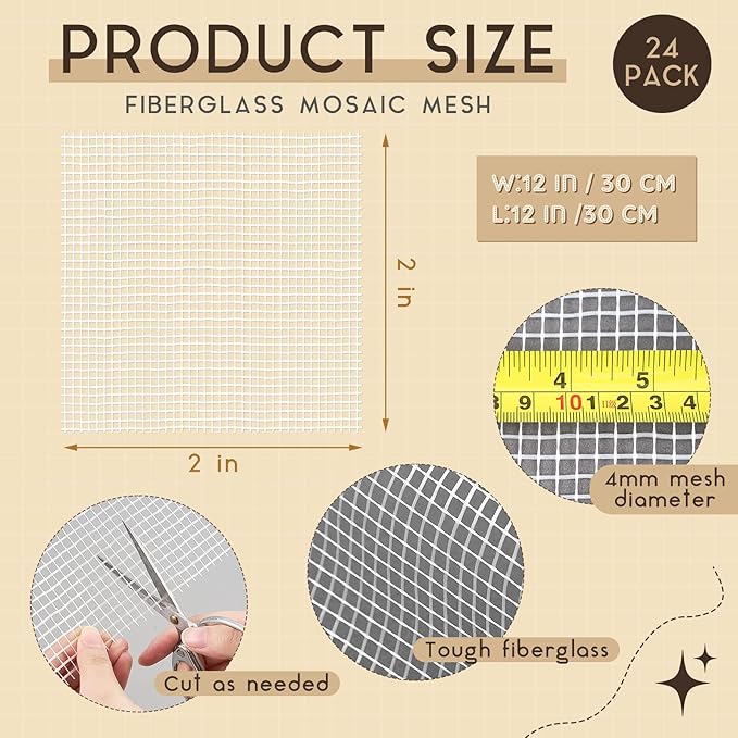 24 Set 12 x 12 Mosaic Mesh for Back Mounted Tile Fiberglass Mosaic Mesh Backing Boast for Tile Installation Supplies Tools (Non Sticky)