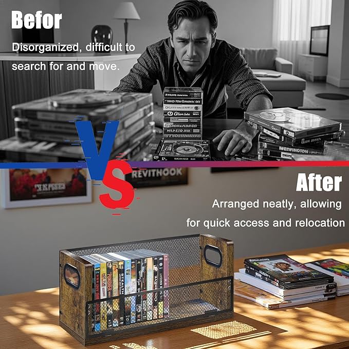 DVD Storage Shelve Blu ray Holder, Set of 2 DVD Racks Hold Up To 56 DVDs (28 Each), Stackable DVD Tower also Used for CDs, Video Game Cases, Vhs Taps, Desktop organizer at Home Or Office