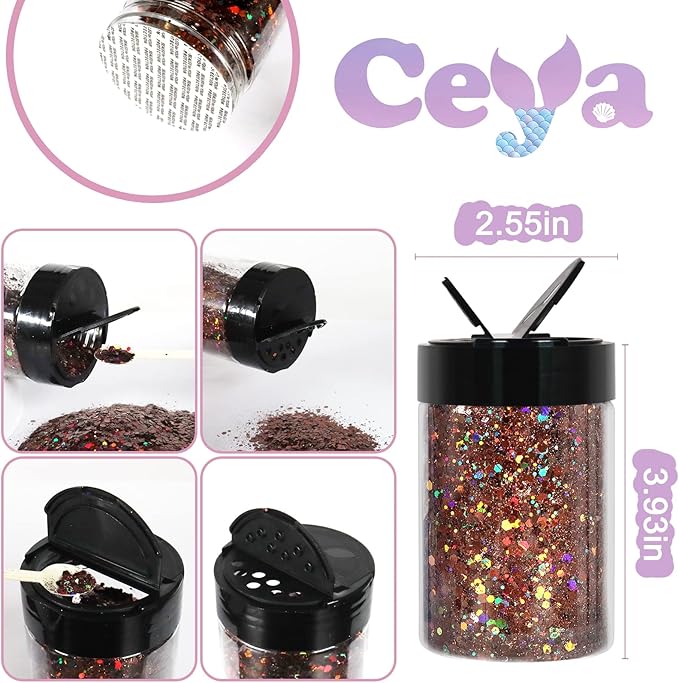 Ceya Holographic Chunky Glitter, 4.9oz/ 140g Brown Craft Glitter Powder Mixed Chunky & Fine Flakes Iridescent Nail Sequins for Nail Art, Hair, Epoxy Resin, Tumblers, Slime, Painting, Festival Decor