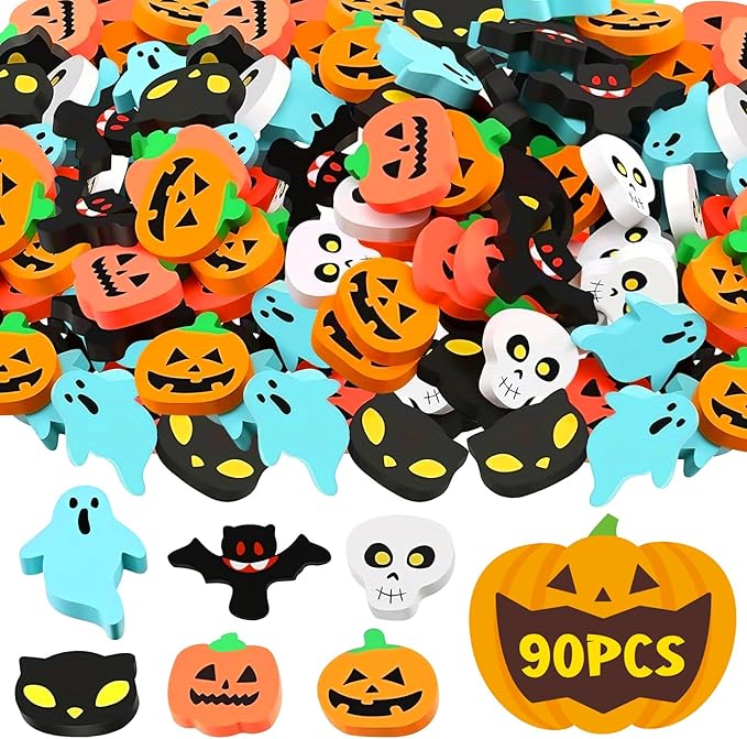 60 Pcs Halloween Mini Erasers for Kids, PLULON Goody Bag Fillers Pumpkin Black Cat Bat Skull Ghost Erasers Bulk Novelty Funny Halloween Classroom Trick or Treat Party Favors Gift