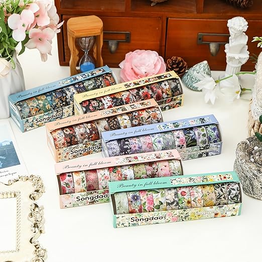 10 Rolls Blooming Flowers Washi Tape Set Floral Arts Adhesive Tapes Colorful Garden Decorative Masking Tape Sets for Craft, Kids, Scrapbook, DIY, Gift Wrapping (5-Browns)