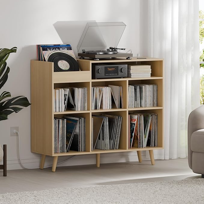 Cozy Castle Large Record Player Stand, Vinyl Storage Cabinet Mid Century Modern Turntable Stand Media Console Table Open Shelf Cube CD Album Holder Organizer for Living Room, Office, Oak