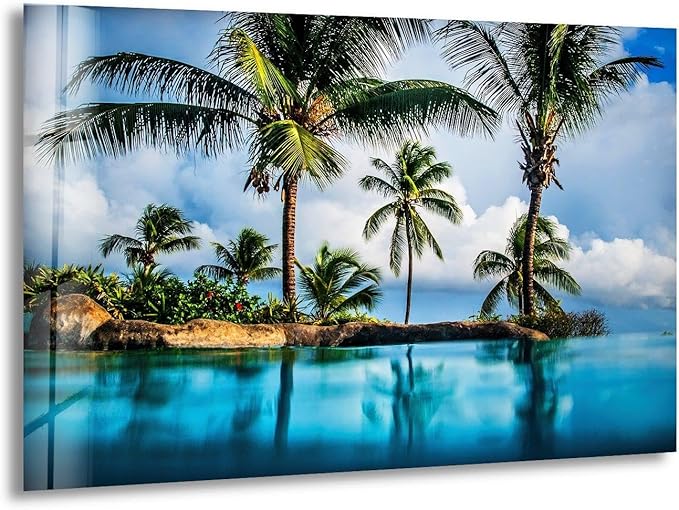 My Photostation.com 30Wx24H'' Island & Blue Sea Glass Wall ArtTempered Glass Printing Wall Decor Large Wall Art Wall Hangings