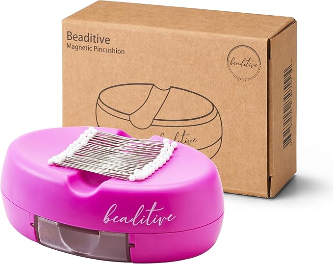 Beaditive Magnetic Pin Cushion with Drawer - Strong Magnet Pin Holder Cushions for Sewing - 50 Glass Head Quilting Pins Included - Chic Pincushion Caddy for Sewing Pins, Paper Clips, Screws – Fuchsia