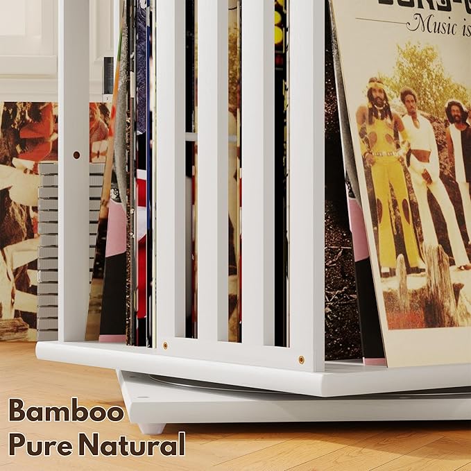 XIMN 360° Rotating Bamboo CD/DVD Shelf - 6-Tier Space-Saving Media Storage Cabinet for Movies, Organizer with Super Compact Design (White, 4 Tier)