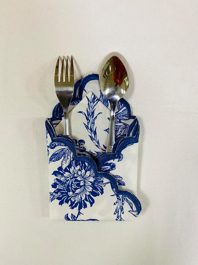 Ridhi Incremental Blue Hand Block Print Napkins 18" x 18" Set of 4 Reusable Cotton Dinner Napkins for Weddings, Parties & Everyday Dining, Thanksgiving, Christmas, Fall