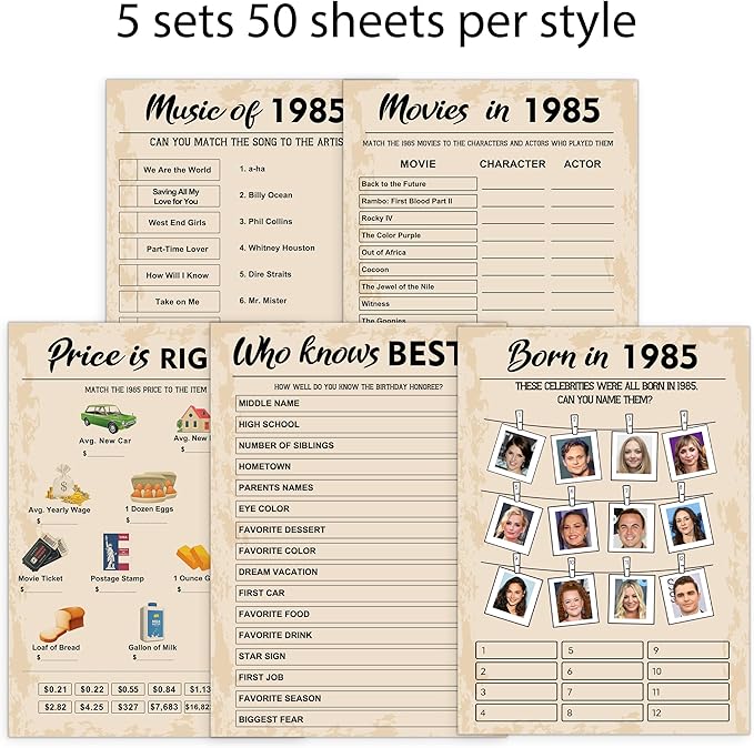 40th Birthday Party Games, Born in 1985 Games Bundle, Set of 5 Activities for 10 Guests, Birthday Party Supplies for Adults, Pack of 50 Cards
