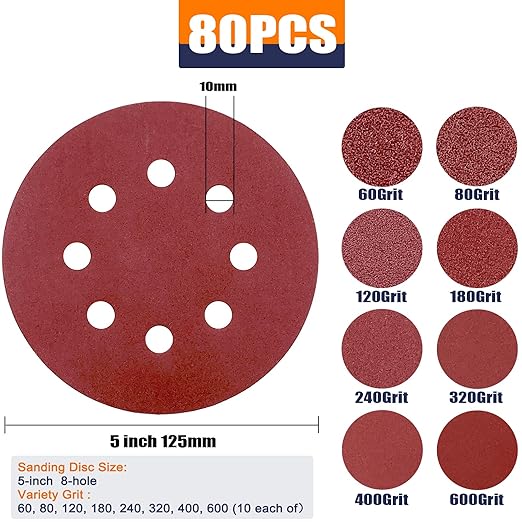 Sanding Discs Variety Grit Sandpaper: Hook Loop Disc 5-Inch 8-Holes 60 80 120 180 240 320 400 600 Grits(Each of 10) 80PCS