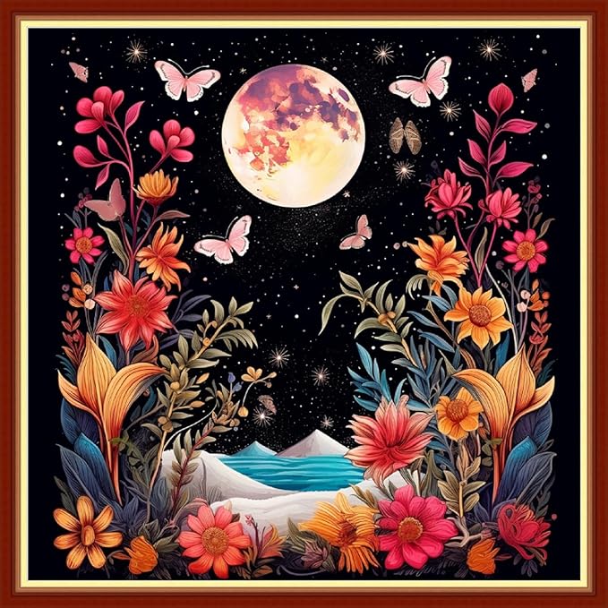 Foxhool Beginners Cross Stitch Kits Stamped Full Range of Embroidery Kits for Adults DIY Cross Stitches kit Embroidery Patterns for Needlepoint kit-Colorful Flower Moon 17.7x17.7 inch