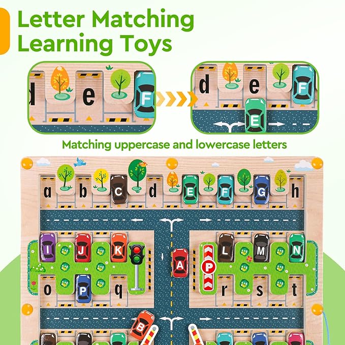 Magnetic Alphabet Maze - Montessori Parking Board Letters Matching Educational Toys Magnet Puzzle Preschool Sensory Activities Gifts for Toddlers Boys Girls Age 2-6