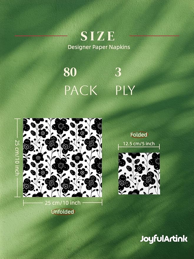 80 pack Designer Cocktail Beverage Napkins, 3-Ply 5x5-inches Disposable Decorative Fall Winter Guest Floral Black White Flower Napkin for Wedding Birthday Anniversary Party Baby Shower