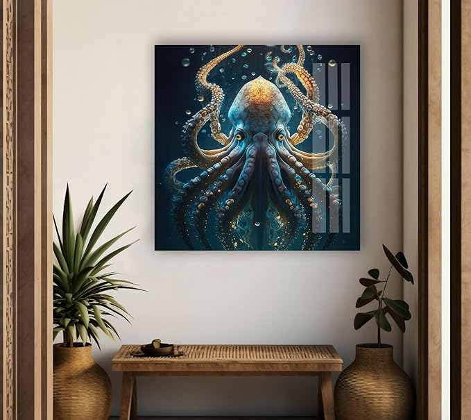 My Photostation.com 32Wx48H'' Underwater Blue Octopus Glass Wall Art Tempered Glass Printing Wall Decor Large Wall Art Wall Hangings