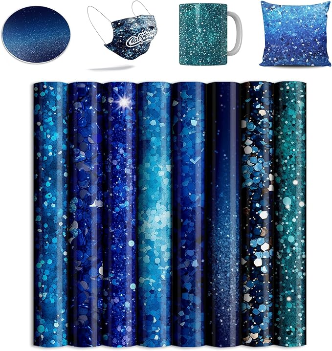 Sublimation Transfer Sheets for Tumblers Blanks Tshirts,Blue Glitter Sublimation Transfer Paper for Heat Press Machine,10pcs,12x12
