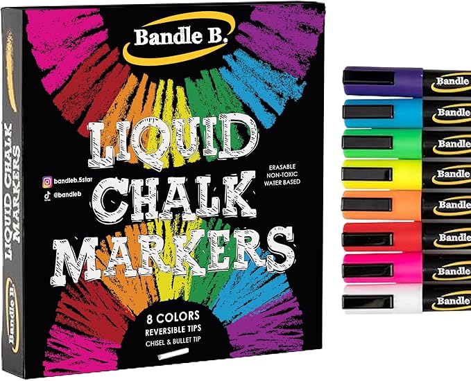 Bandle B. Chalk Markers - 8 Vibrant, Erasable, Non-Toxic, Water-Based, Reversible Tips. For Glass or Chalkboard Markers for Businesses, Restaurants, Liquid Drawing Chalk (Vibrant 6mm)