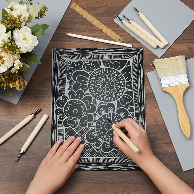 Yeaqee 8 Pcs Mixed Sizes Linoleum Block Rubber Carving Block Soft Linocut Blocks Large Linoleum Sheet Unmounted Lino Plates for Engraving Art Project Printmaking Artist Studio Supplies, Gray