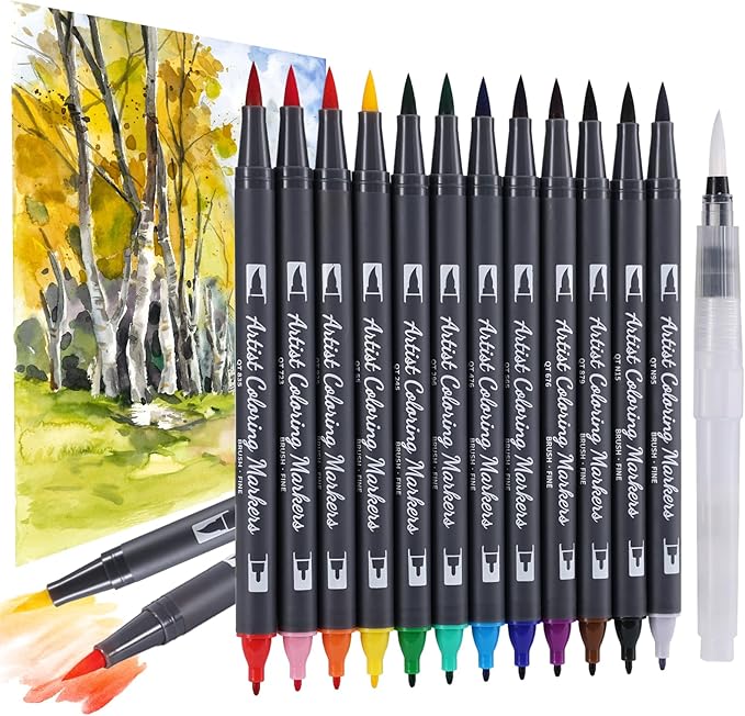 12 Colors Blendable Watercolor Markers 2025 Upgrade Double Tip Paint Pens with 1 Water Brush Pen Water Based Coloring Pens Drawing Markers Set with Flexible Brush Tip for Artists and Beginners