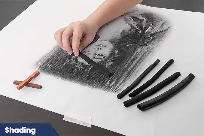 Pacific Arc Large Vine Charcoal Stick 5/Pkg, Soft, Black, Thick Willow Charcoal for Sketching and Drawing