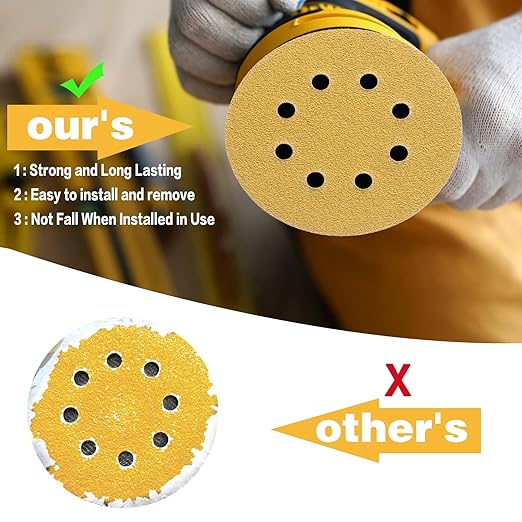 100PCS 5 Inch 8 Hole Sanding Discs 60 Grit,Gold Round Hook and Loop Sandpaper for Random Orbital Sander