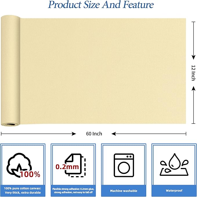 KING MOUNTAIN Canvas Iron on Patch,12"×60",Waterproof 100% Cotton Fabric Repair Patch,Used for Various Sofa,Tent,Clothes,Seats,Suitcases (Beige3.0,Waterproof)