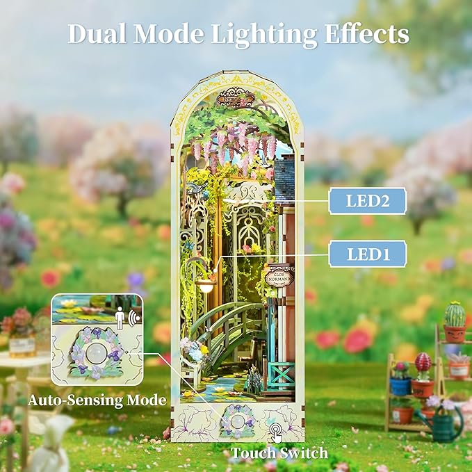 Tonecheer DIY Book Nook Kit for Adults, 3D Puzzle Wooden Miniature House Kit, Booknook Dollhouse Bookshelf Insert Decor Bookend with Dust Cover and LED Lights Gifts (Giverny Garden)