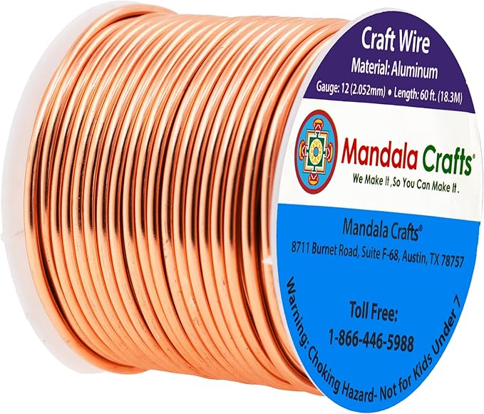 Mandala Crafts 12 Gauge Anodized Aluminum Craft Wire for Jewelry Making - 60 FT Colored Flexible Copper Tone Wire - Bendable for Bonsai Armature Crafting Sculpting