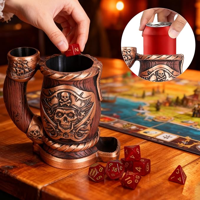 Dice Tower Mug, Dice Rolling Tower, Comes with 7 PCS Dice Set, Suitable for DND Dungeons and Dragons, Tabletop Games, Available As Drink Holder, D&D Gifts, DND Accessories (Wooden Skull)