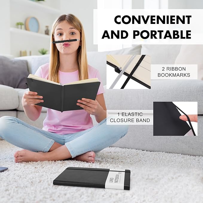 Aodaer 1 Set Lined Notebook Journal with Pen A5 Notebooks 100 GSM College Ruled Hardcover Notebook PU Leather Notepad with Pen Holder for Office School, 5.7 x 8.3 Inches, Black