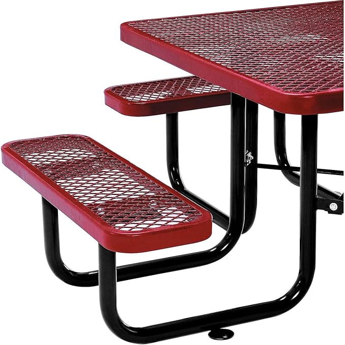 Global Industrial 46" Square Picnic Table, Expanded Metal, Red Thermoplastic Coating, Attached Benches, 1-1/2” Umbrella Pole Hole, Outdoor-Rated, 1000 lb Capacity