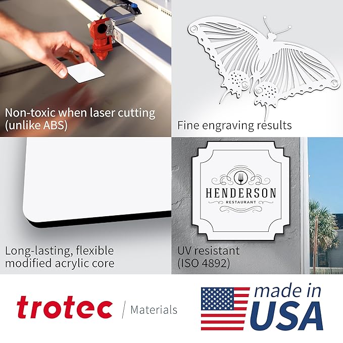Trotec TroLase | 12"x24"x1/8", 4 Pcs | White/Black | 2 Ply | Modified Acrylic | Laser Engraving Double Color Plastic Sheet | Engraving Blanks for Laser, Saw, Guillotine | Made in USA