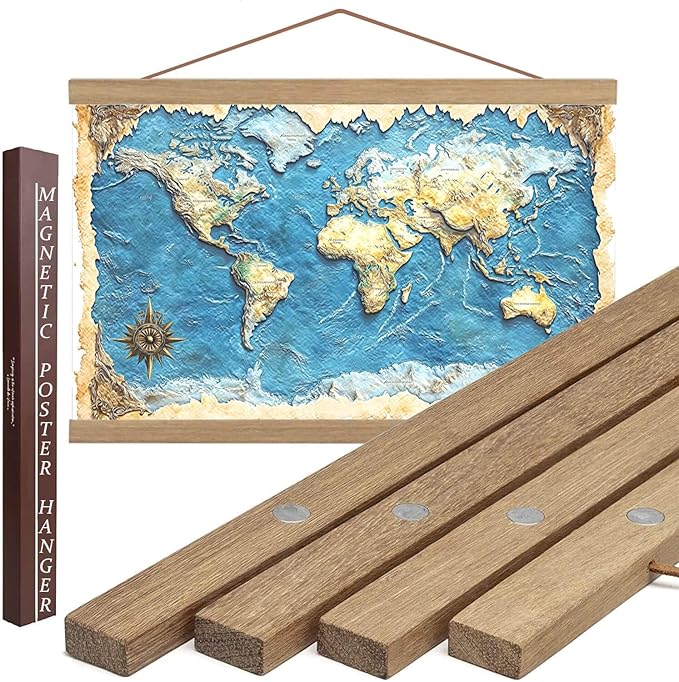 36" Sturdy Magnetic Poster Hanger,Sleek Poster Frame of Teak Wood with Strong Magnets for Safely Hanging Maps Pictures Canvas Scrolls Print Wall Art, Dacri Home (36 Inch, Natural Wood)