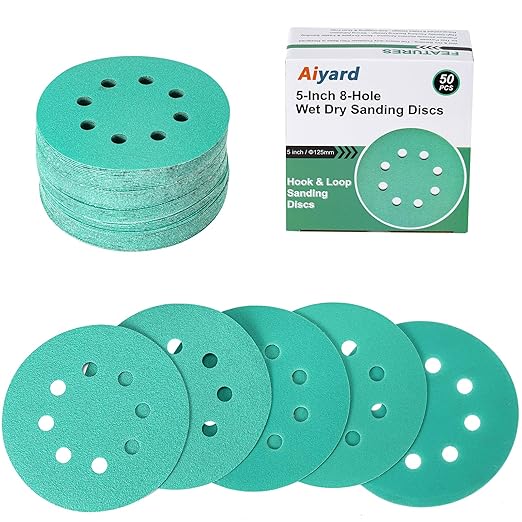 5-Inch 8-Hole Wet Dry Sanding Discs 80/120/180/220/320 Assorted Grits, Polyester Film Backed Heavy-Duty Hook and Loop Sandpaper for Random Orbital Sander, 50-Pack