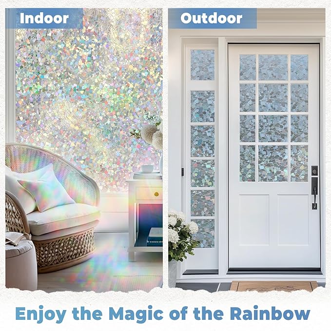 DOWELL Window Privacy Film Rainbow Film, Stained Glass Decorative Sticker, Static Cling Non-Adhesive Glass Clings, Sun Blocking Heat Control Window Coverings for Home Door, 17.5" x 157.4"