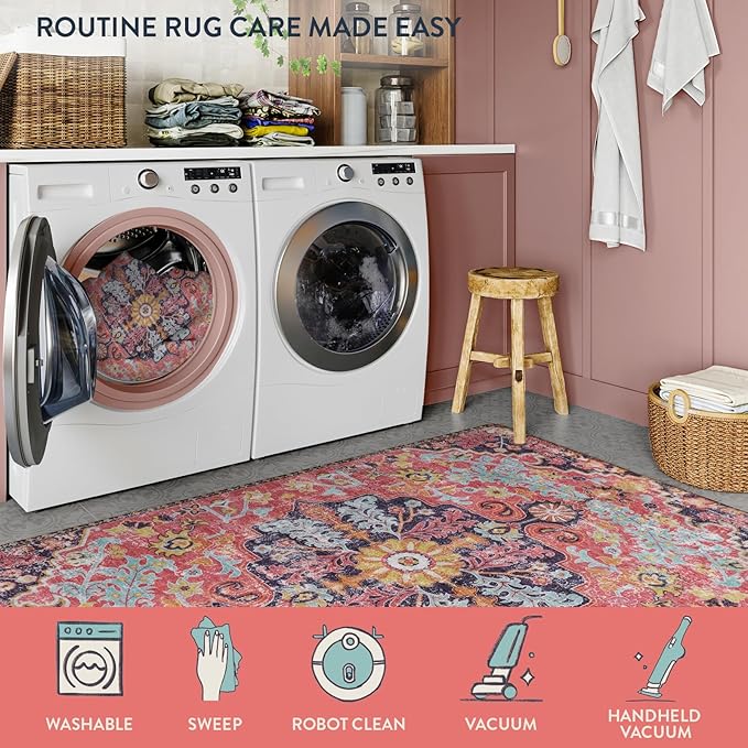 Lahome Bohemian Floral Medallion Area Rug - 3x5 Hot Pink Rug for Girls Room Front Entry Mat, Non-Slip Machine Washable Soft Throw Carpet for Bathroom Apartment Entrance Laundry, Fuchsia/Multi