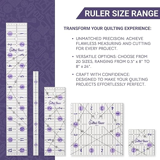 The Quilted Bear Quilting Rulers - Transparent Acrylic Non Slip Quilting, Patchwork & Sewing Ruler with Clear Black Lines & 30, 45 & 60 Degree Angles for Perfect Accuracy & Precision (6.5" x 6.5")