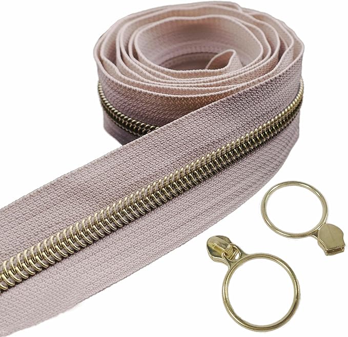Leekayer #5 Gold Metallic Nylon Coil Zippers by The Yard Bulk 10 Yards Beige Zipper Tape with 25pcs Gold Ring Pull Sliders for DIY Sewing Tailor Craft Bag(Beige)