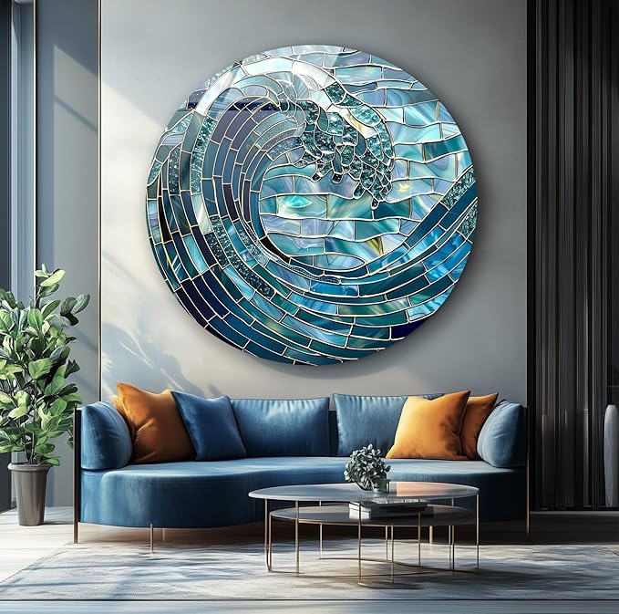 My Photostation.com 31.5''(80cm) Diameter Ocean Wave in Blue Mosaic Round Glass Wall Art Tempered Glass Printing Wall Decor Large Wall Art Wall Hangings