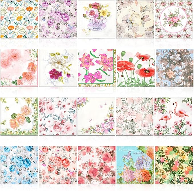 Crtiin 20 Pack Assorted Floral Napkins for Decoupage Toilet Napkins Flower Cocktail Decorative Paper for Birthday Party Beautiful Gorgeous, 20 Styles Each 6.5 inches(Style 3)