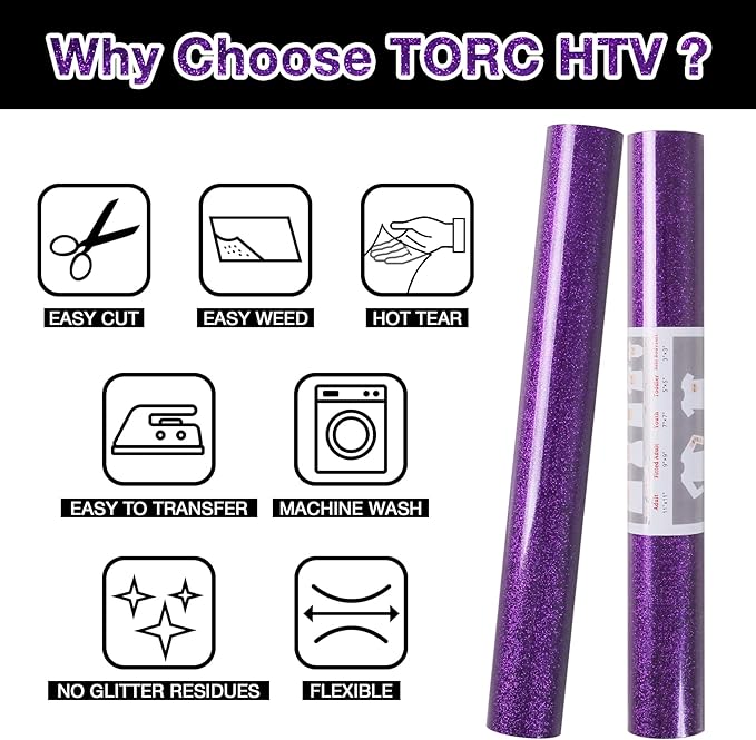 TORC Purple Glitter HTV Heat Transfer Vinyl Roll 12 inch x 10 ft Iron on Vinyl for T Shirts Crafts