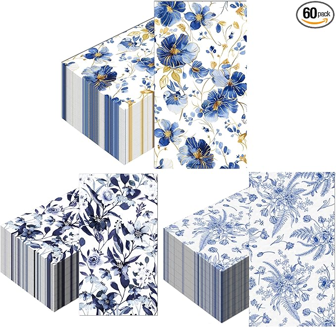 60 Pack 3 Styles Blue Floral Napkins for Decoupage Toile Napkins Flower Cocktail Decorative Paper for Birthday Party Beautiful Gorgeous, 12.9 * 15.7 inch