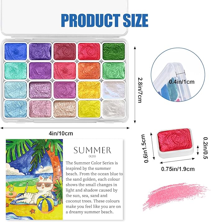 Mini Glitter Watercolor Paint Set, 20 Colors Shimmer Metallic Watercolour Painting Sets, Solid Pearl Water Color Paints for Kids, Adult, 1ml Trial Pack(Summer)