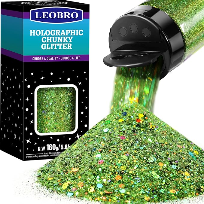 LEOBRO Green Glitter, 160g/5.64oz Light Green Chunky Glitter for Crafts, Resin, Body Nail, DIY Decorations