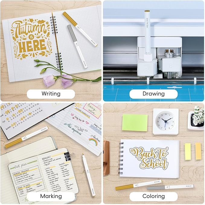 REALIKE Acrylic Paint Markers for Cricut Maker 3/Maker/Explore 3/Air 2/Air, Gold Silver White Acrylic Paint Pens for Rocks, Paper, Wood, Canvas, Glass, Ceramic, Fabric (1.0 & 2.0 Tip)