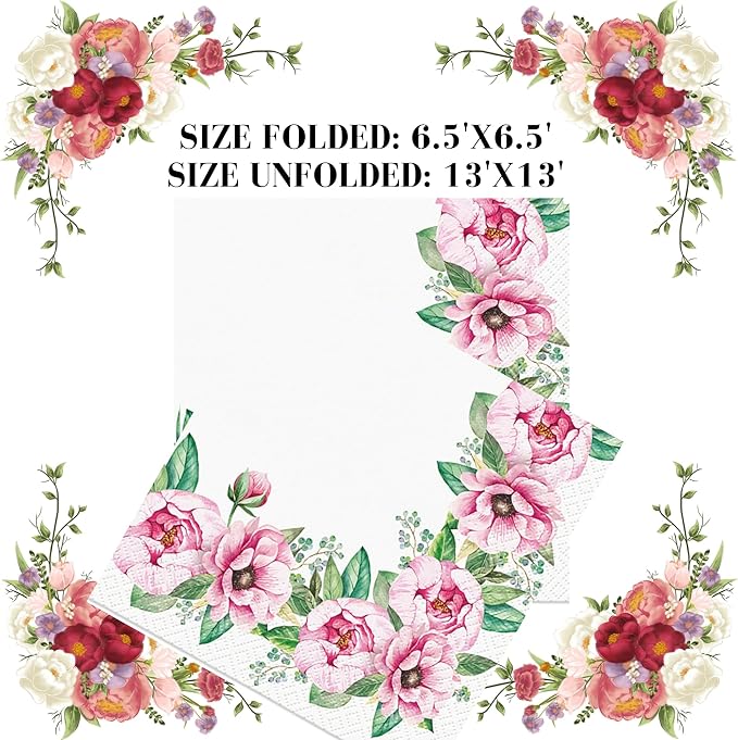 20-ct 13x13 Flowers Paper Luncheon Decoupage Napkins, 3-Ply Servilletas Printed Pink Roses Cocktail Napkin for Art, Dinner and Party, Disposable Napkins Decor