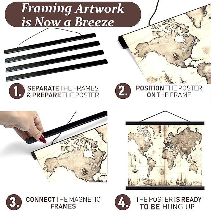 DACRI HOME 54" Magnetic Poster Hanger Frame - Sturdy Teak Wood Poster Frame 54x30 54x36 54x38, Strong Magnets for Easy Hanging Map Picture Canvas Print Scroll Wall Art (54 Inch, Black)