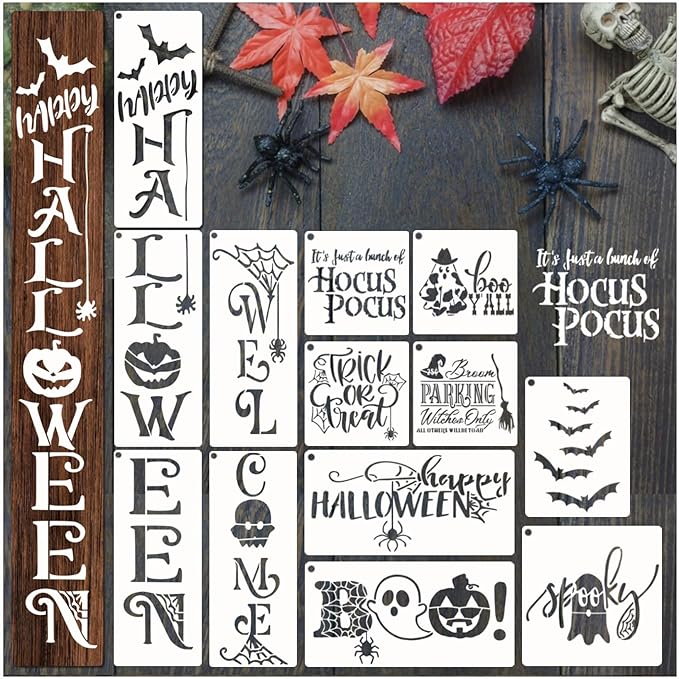 Halloween Stencils for Painting on Wood Door Sign Reusable Large Holiday Stencil for Crafts Canvas Wall Shirts Cookie Drawing Paint Decorating (Halloween Sign)
